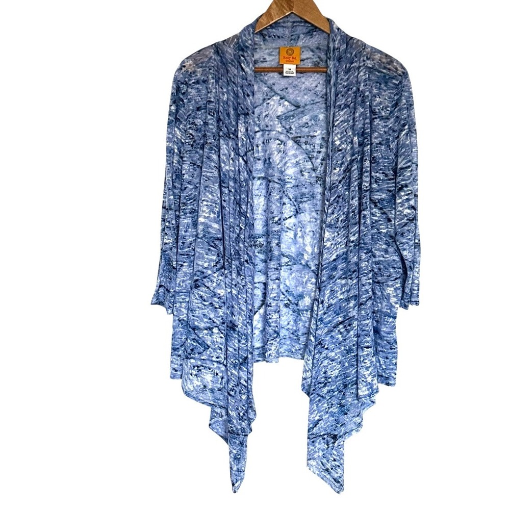 Ruby Rd. Plus Cardigan Women's 3X Blue Abstract Waterfall 3/4 Sheer Duster Top